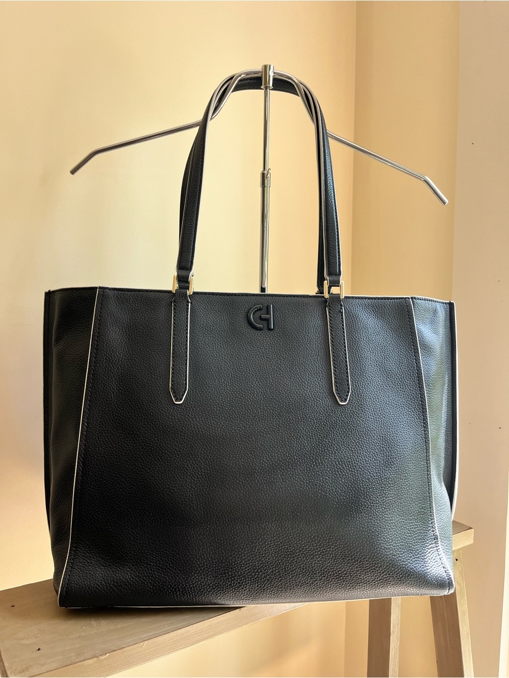 Cole Haan Black Leather Go To Tote with Contrast Edge Trim